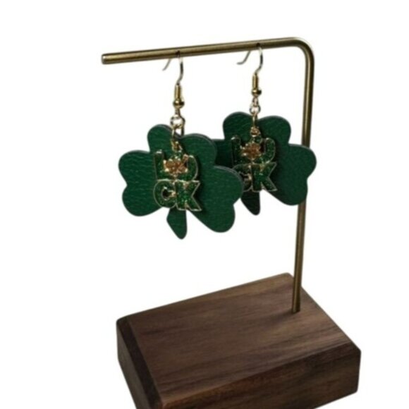 NWT Clover-Shaped Green Faux Leather Earrings With Gold "Luck" & Shamrock Charm - Picture 2 of 2